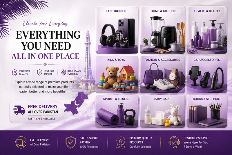 A promotional collage banner for an electronics and general merchandise store in Pakistan, titled 'EVERYTHING YOU NEED ALL IN ONE PLACE'. The graphic features a purple and lavender color theme with various product categories and items, including electronics, home kitchen appliances, health/beauty products, toys, fashion accessories, car accessories, sports fitness gear, baby care items, and books.